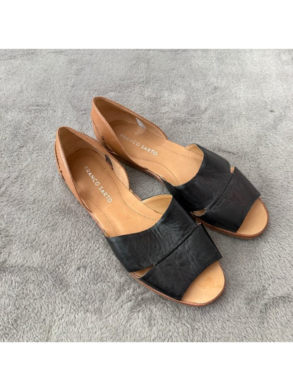 Franco Sarto Leather Open Toe D'Orsay Sandals Flats Shoes Womens 7.5 Black Brown